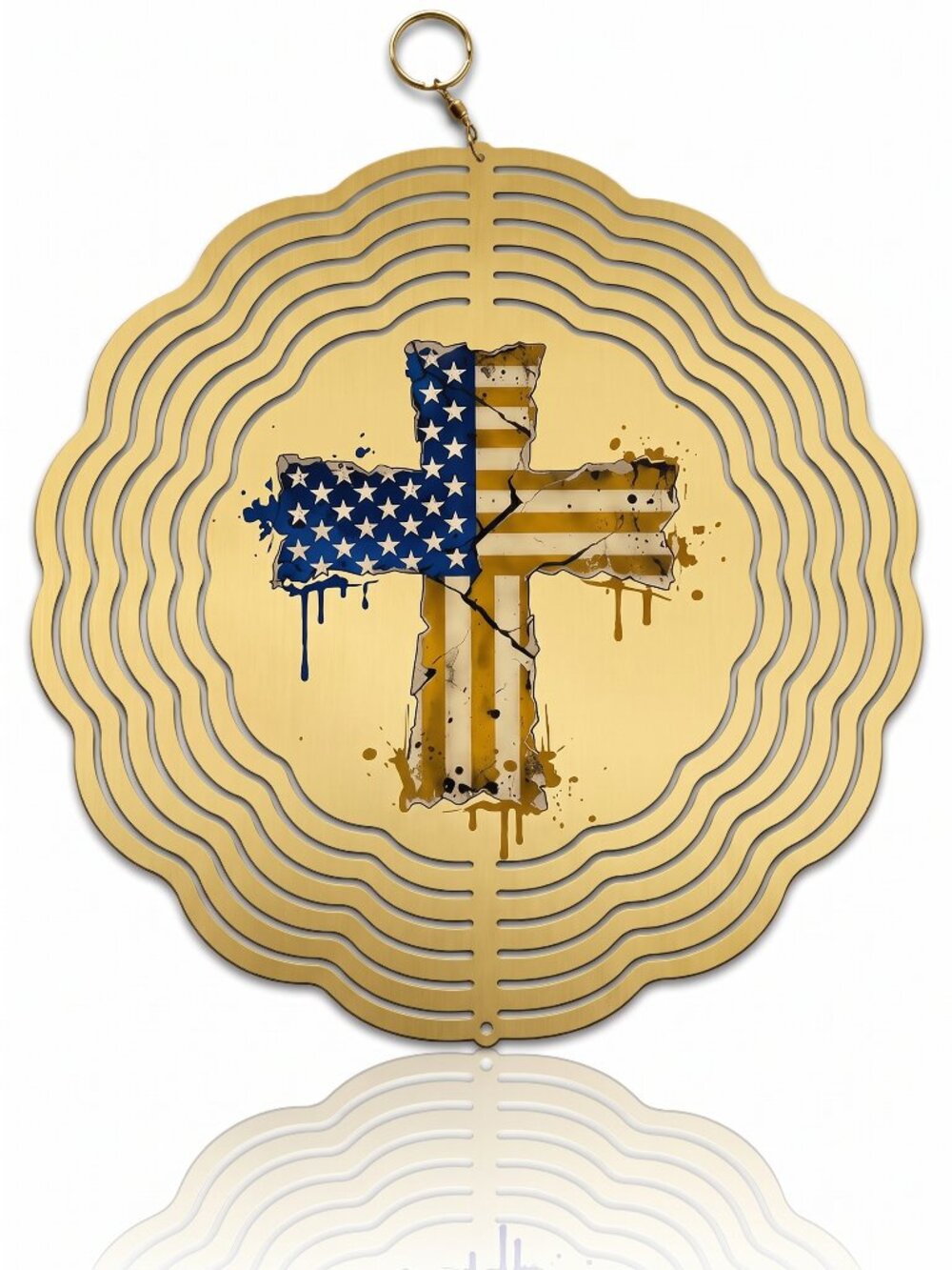 10" American Flag Cross 3D Kinetic Wind Spinner -Yellow Metal Hanging Yard Decor